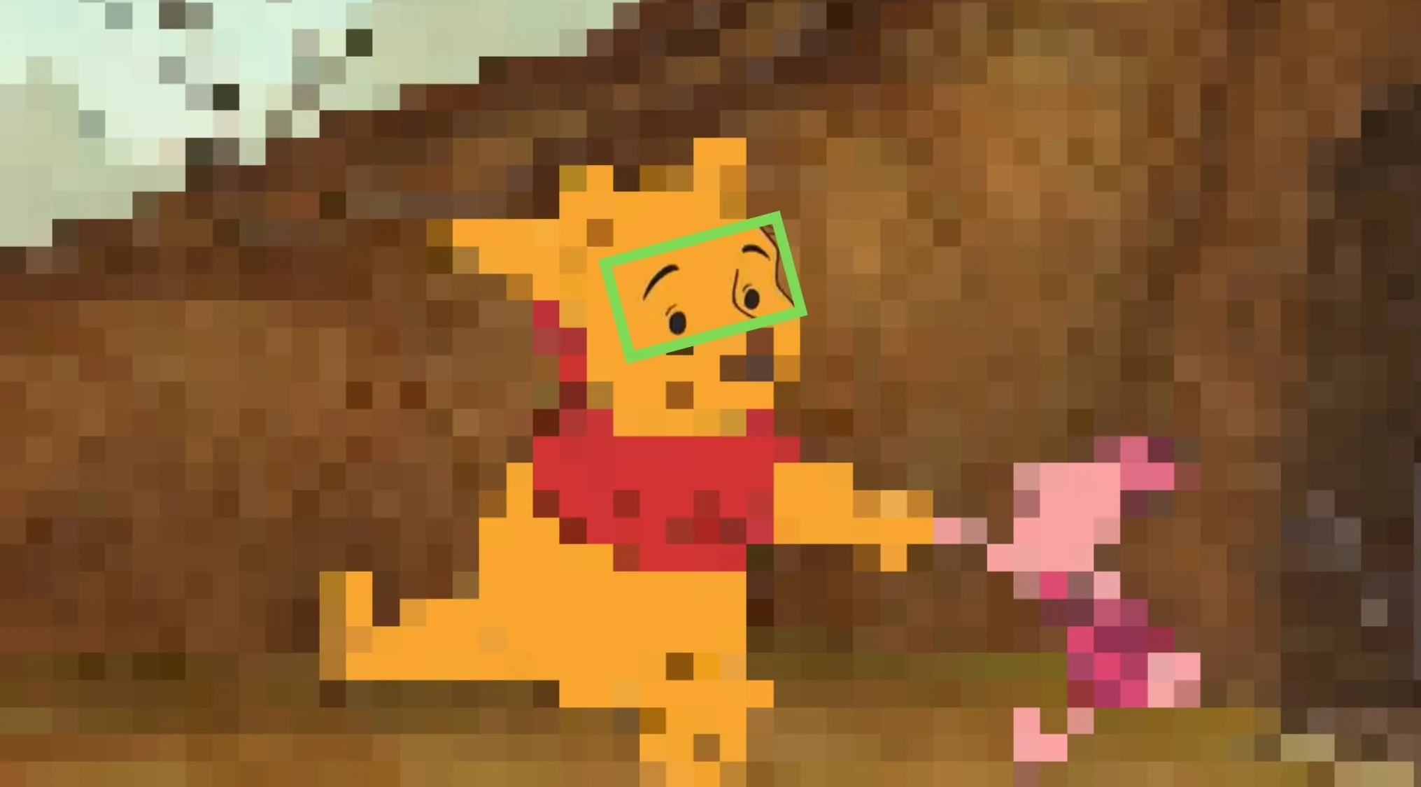 Disney characters eyes close up on a classic animated character holding a small pink figure in a warm brown background.