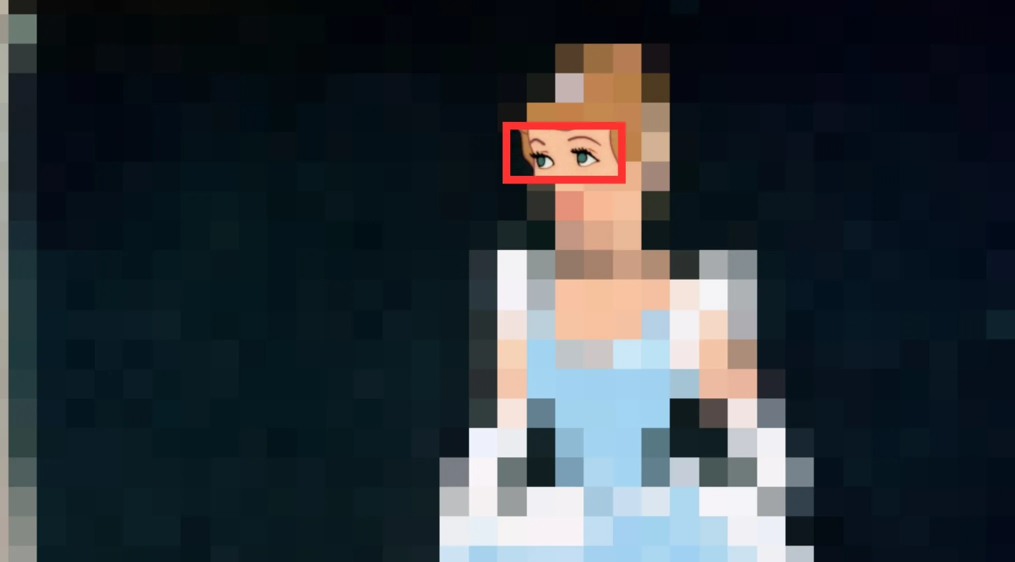 Disney characters eyes close-up with red box highlighting a Disney princess in a blue and white dress on dark background.