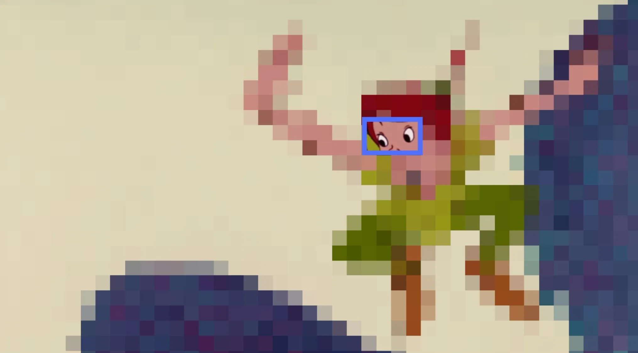 Close-up of Disney characters eyes highlighted in a pixelated image for Disney characters eyes guessing game.