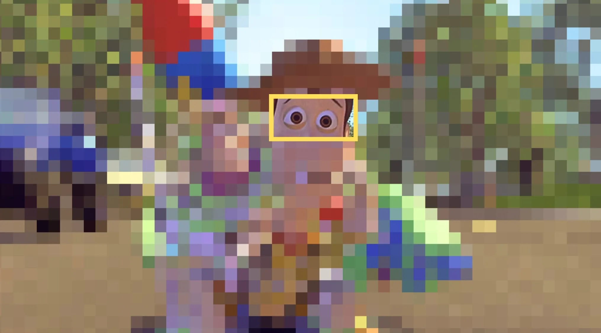 Close-up of Disney characters eyes showing Woody from Toy Story in an animated outdoor setting quiz.
