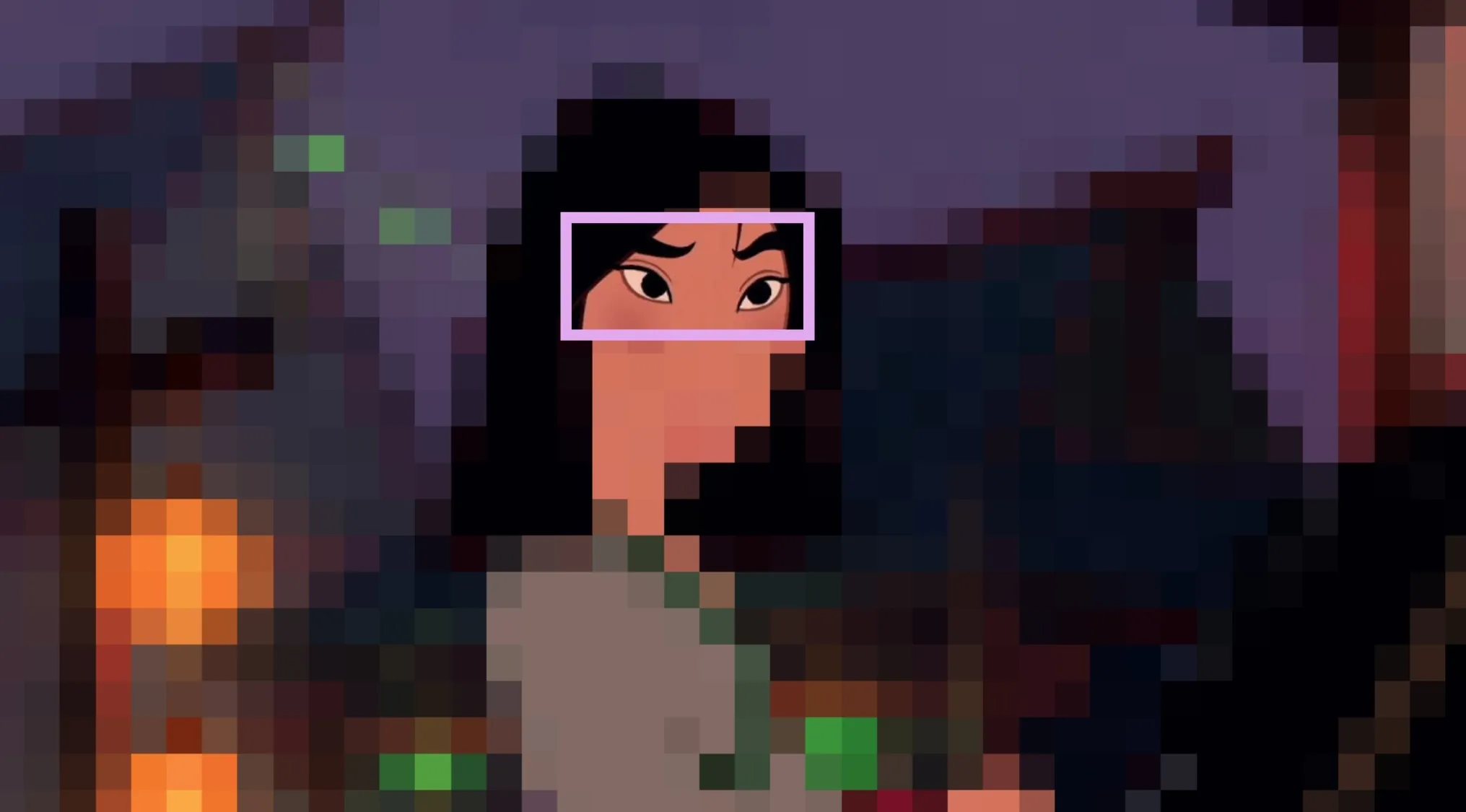 Close-up of Disney characters eyes of an animated female with black hair in a dark background scene