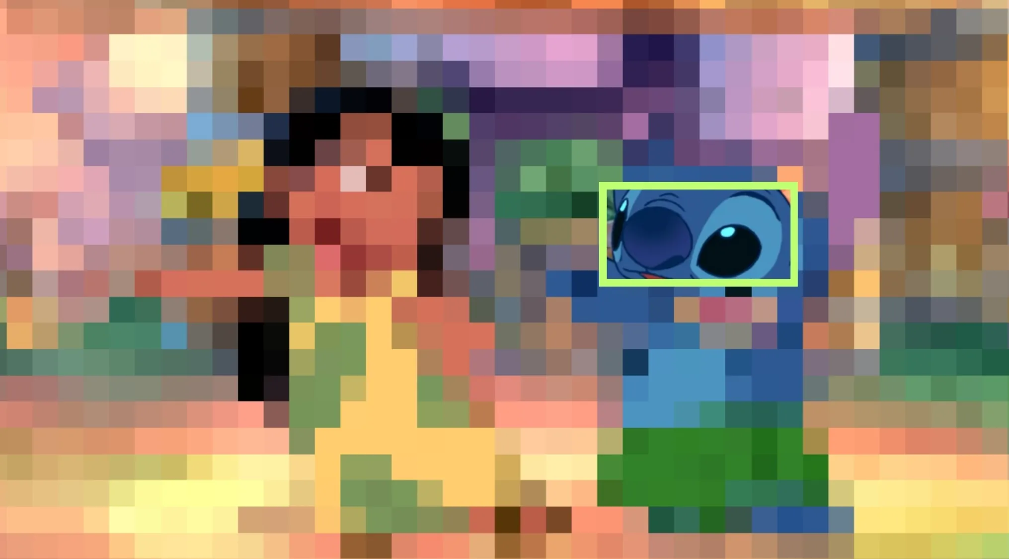 Close-up of Disney characters eyes showing Stitch from Lilo & Stitch with a colorful background.