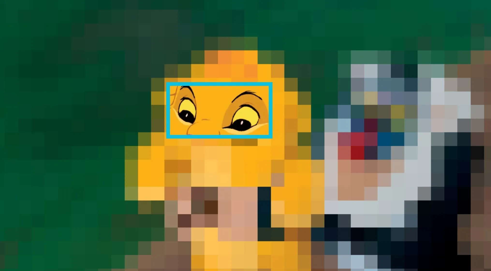 Close-up of Disney characters' eyes from an animated scene highlighted in blue with pixelated surroundings.