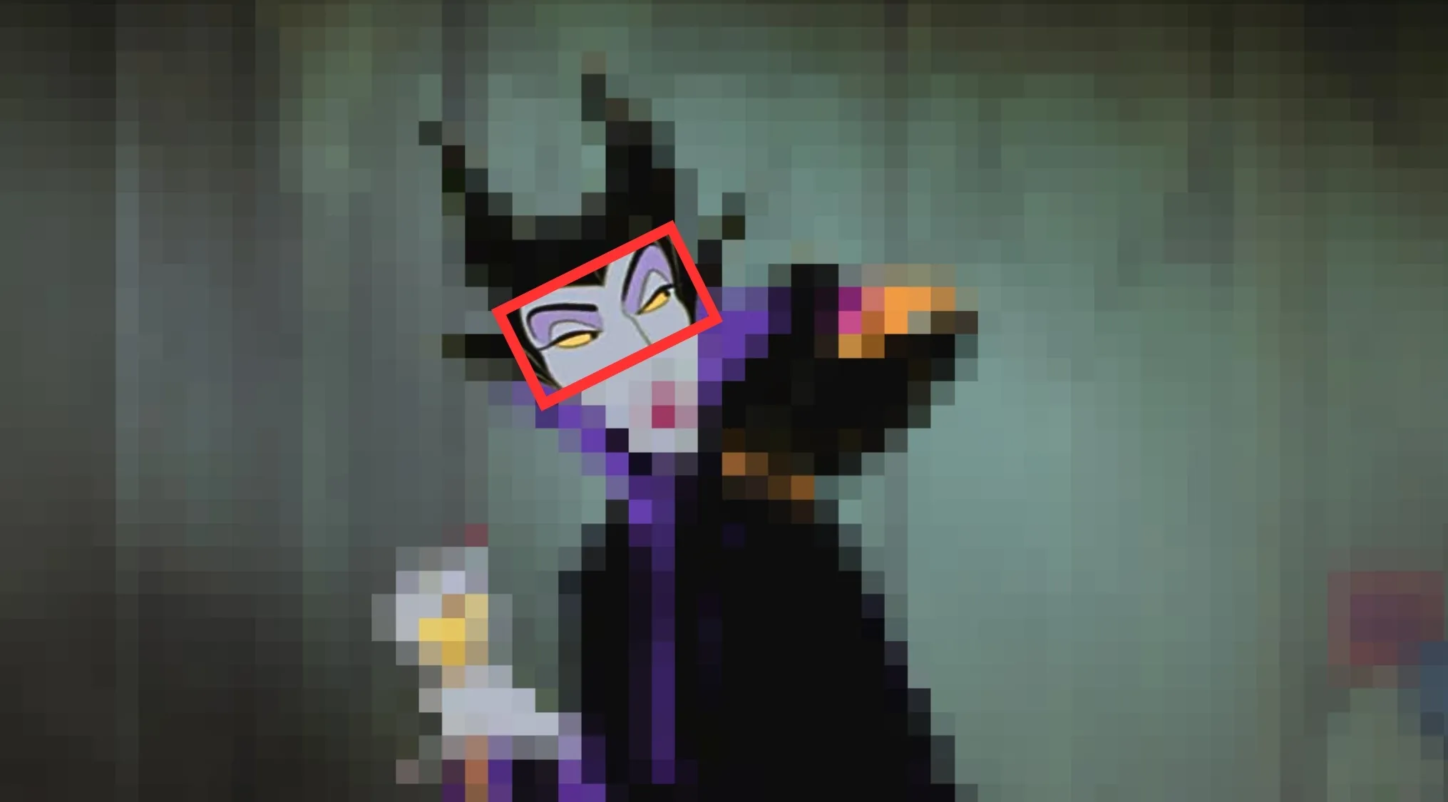 Close-up of iconic Disney villain eyes with purple makeup and a black horned headpiece in an animated scene.