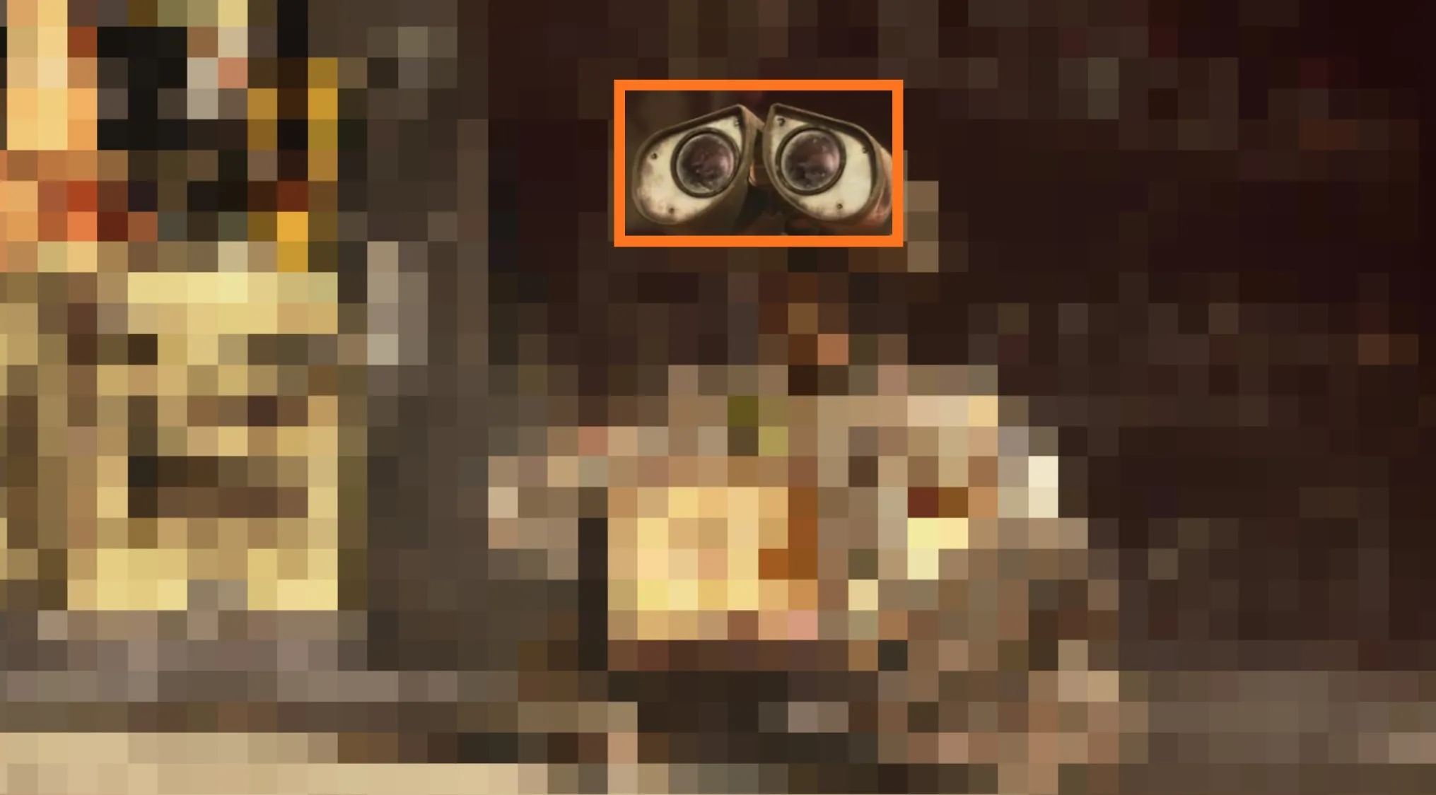 Close-up of Disney characters' eyes showing the binocular-like eyes of the robot character WALL-E.