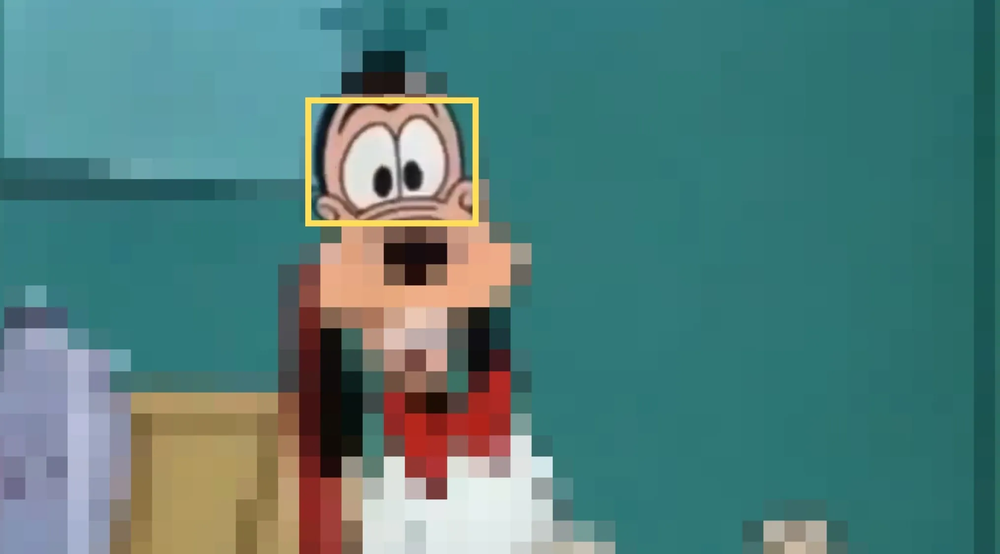 Close-up of Disney characters' eyes in a yellow frame, highlighting an animated character with surprised expression.