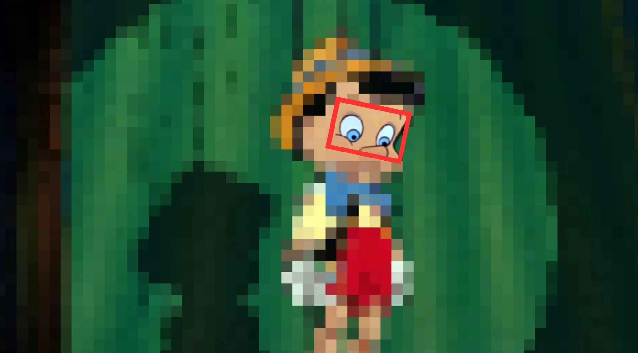 Close-up of Disney characters eyes showing blue eyes in a pixelated image for fictional character guessing game.
