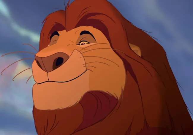 Mufasa from The Lion King with a calm expression against a cloudy sky background, symbolizing a fictional parent figure.