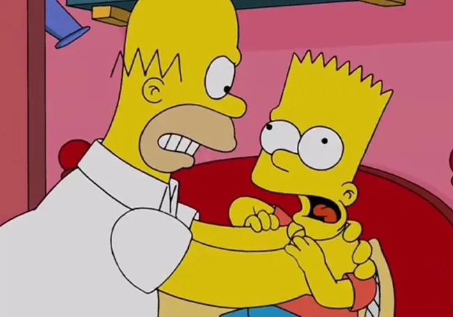 Homer Simpson aggressively grabbing Bart Simpson by the neck in a cartoon scene from The Simpsons.