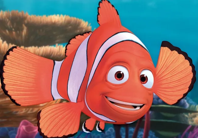 Marlin the clownfish swimming underwater with a coral reef background in an animated style.