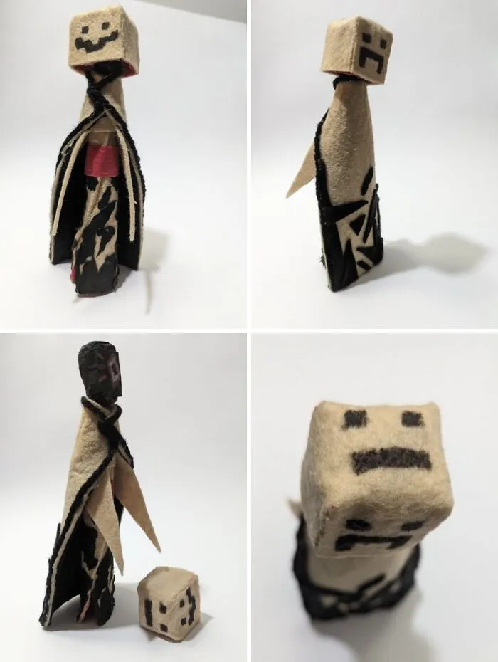 Four views of a fabric doll, a creative person's trash into surprisingly useful or artistic creation.