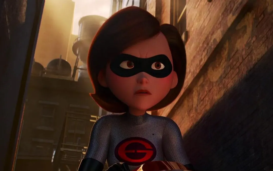 Elastigirl in superhero mentor style outfit with determined expression in a shadowed urban alley setting