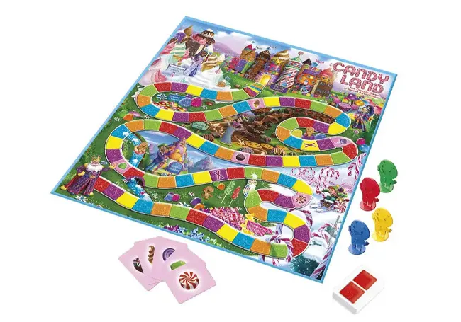 Candy Land board game with colorful path, character pieces, and candy-themed playing cards on a white background.