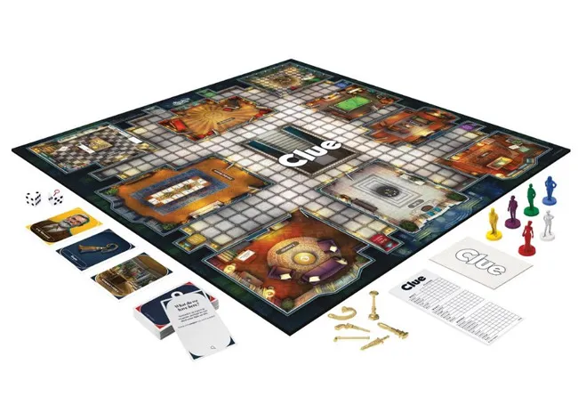 Clue board game setup with colorful player tokens, weapon pieces, cards, dice, and game board rooms visible.