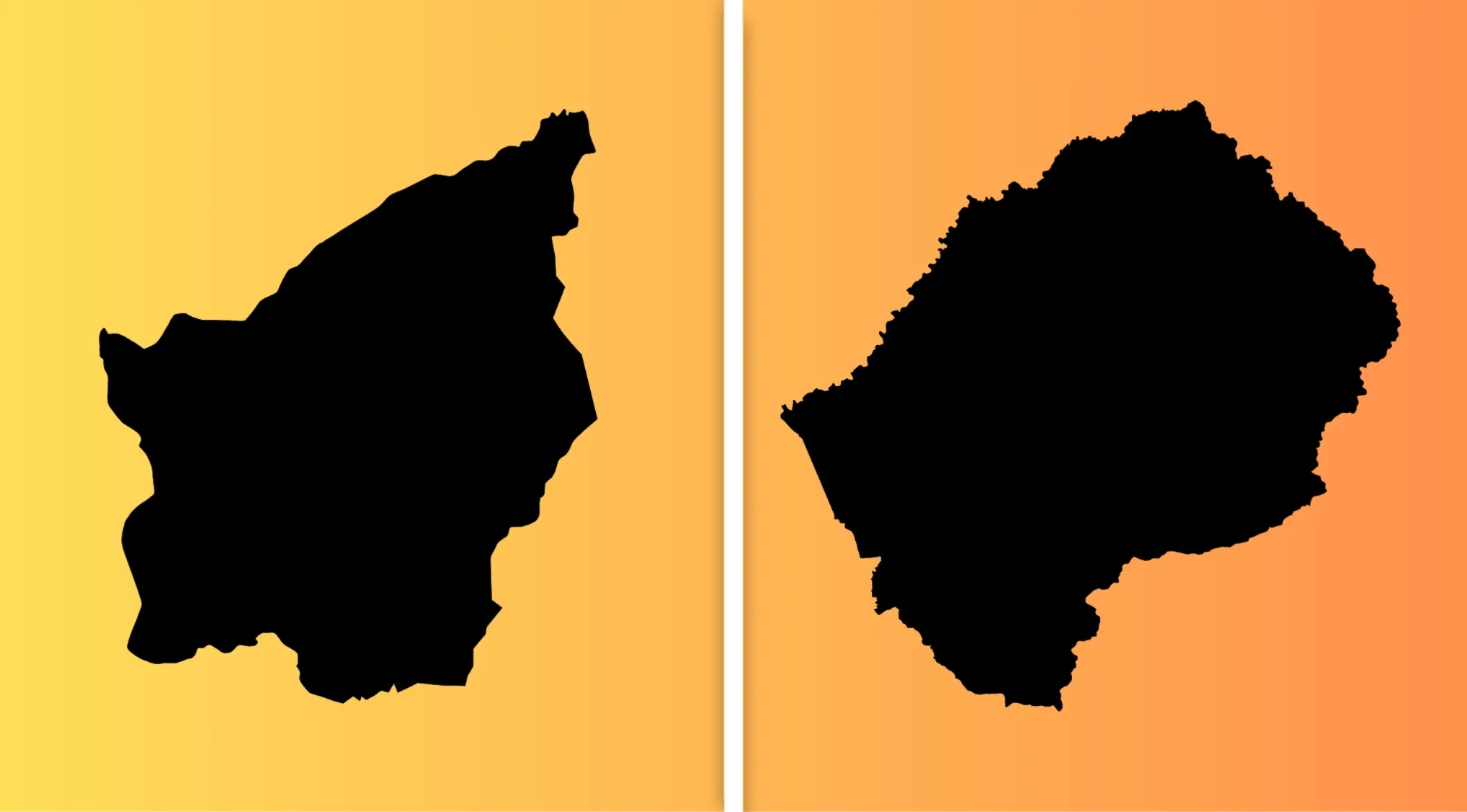 Silhouettes of San Marino and Lesotho maps side by side highlighting the geography connection between the two countries.