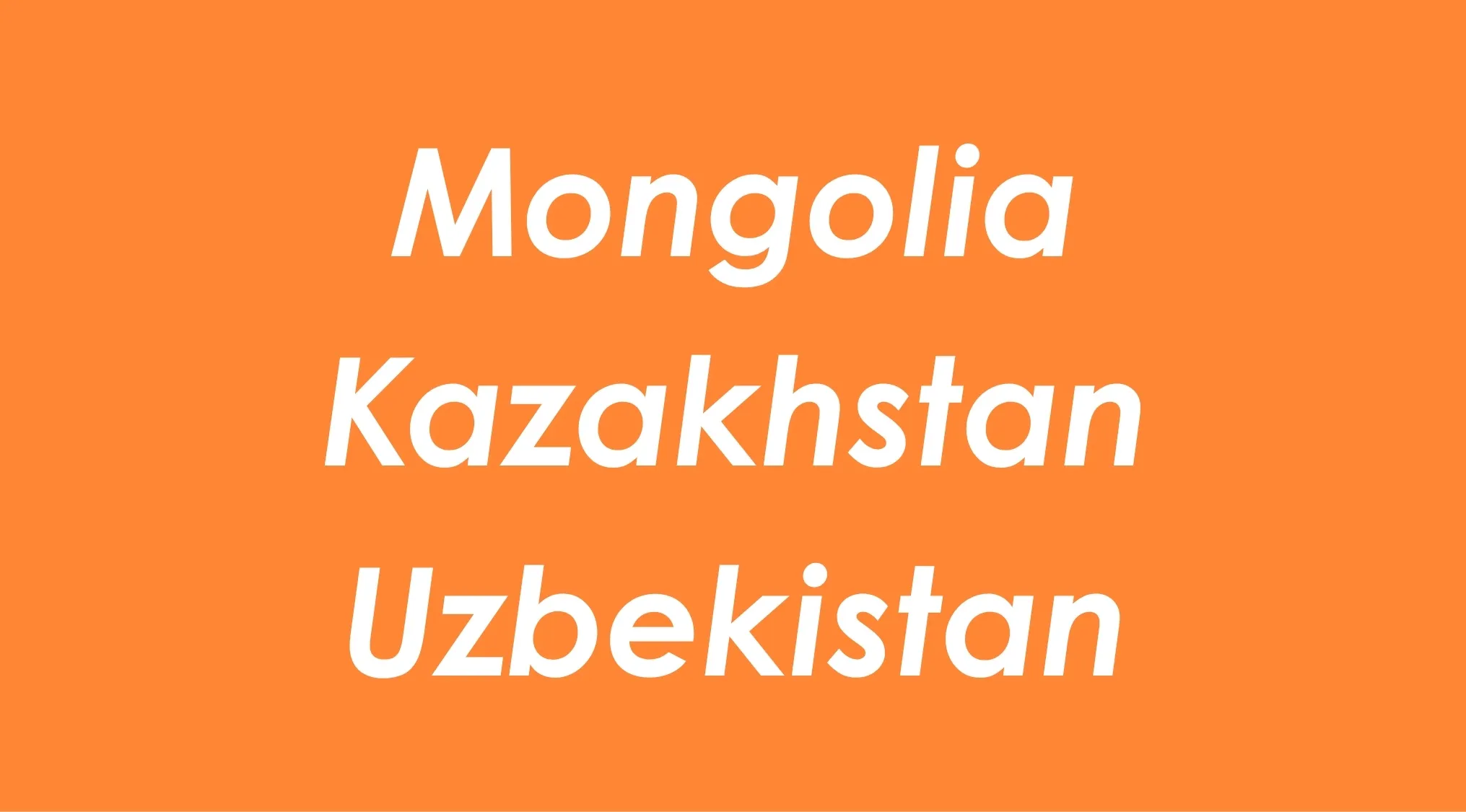 Names of countries Mongolia, Kazakhstan, and Uzbekistan shown in white text on orange background for geography connection quiz.