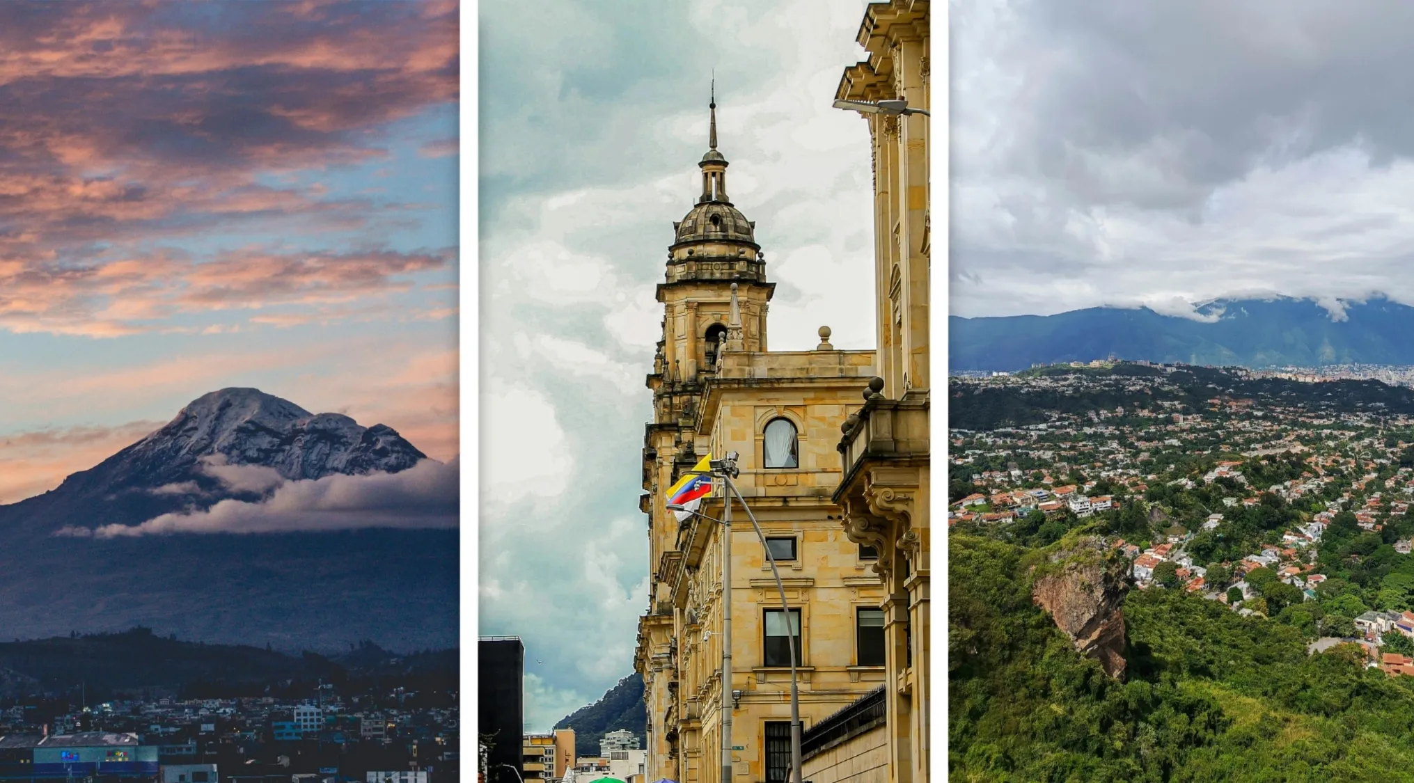 Views of landmarks and landscapes representing the geography of Ecuador, Colombia, and Venezuela connection.