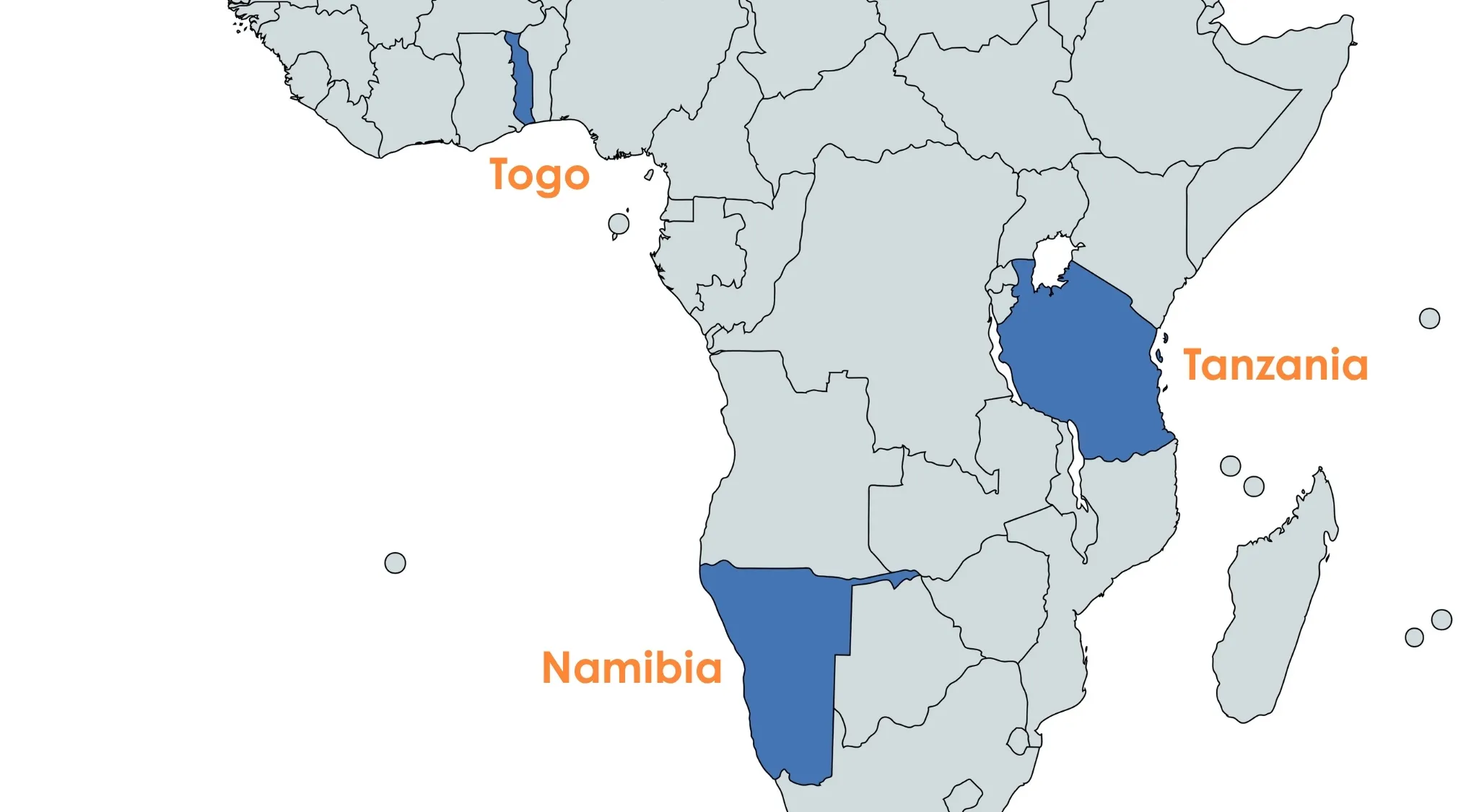 Map of Africa highlighting Namibia, Tanzania, and Togo, related to the geography connection before WWI empire question.