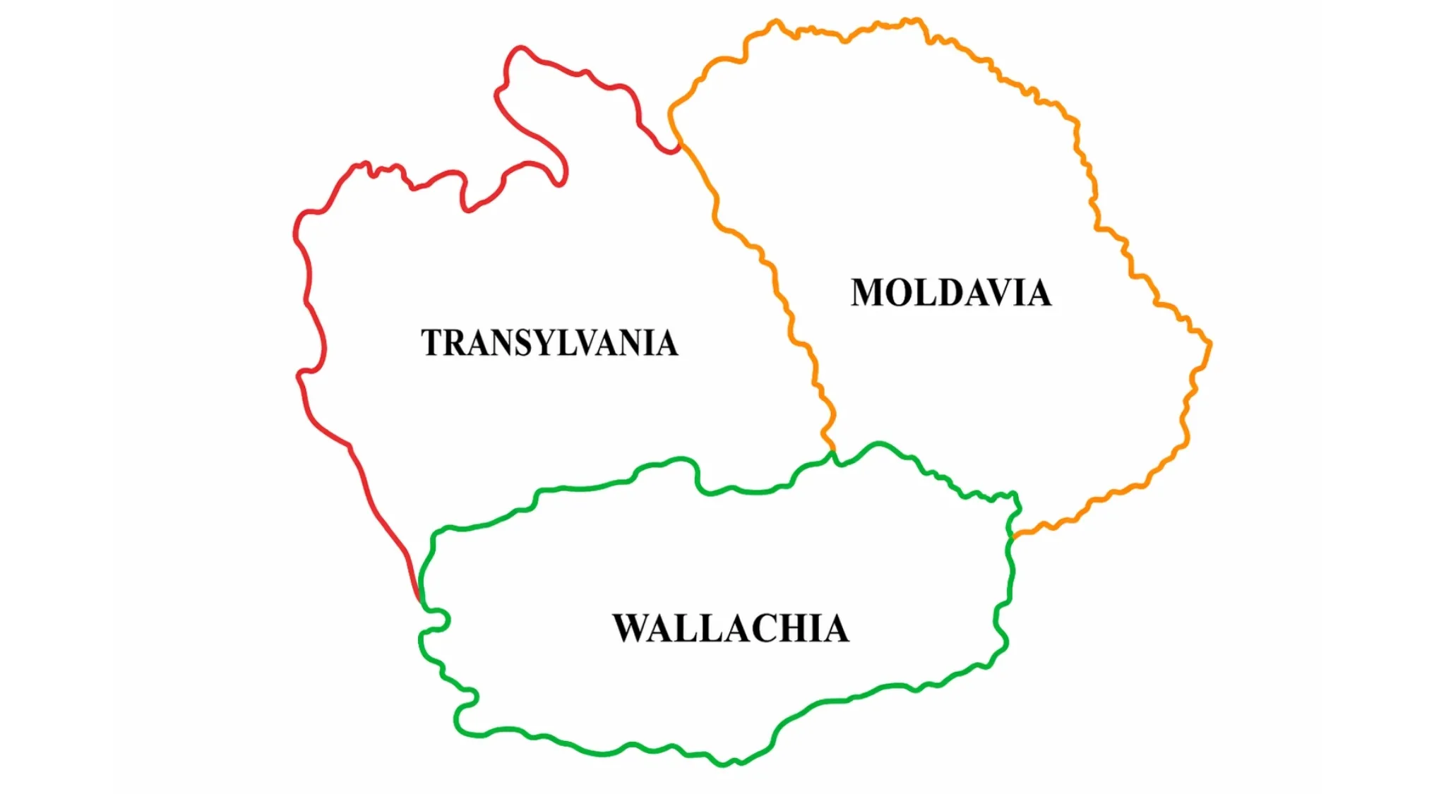Outline map showing the geographical regions of Transylvania, Wallachia, and Moldavia in Eastern Europe.