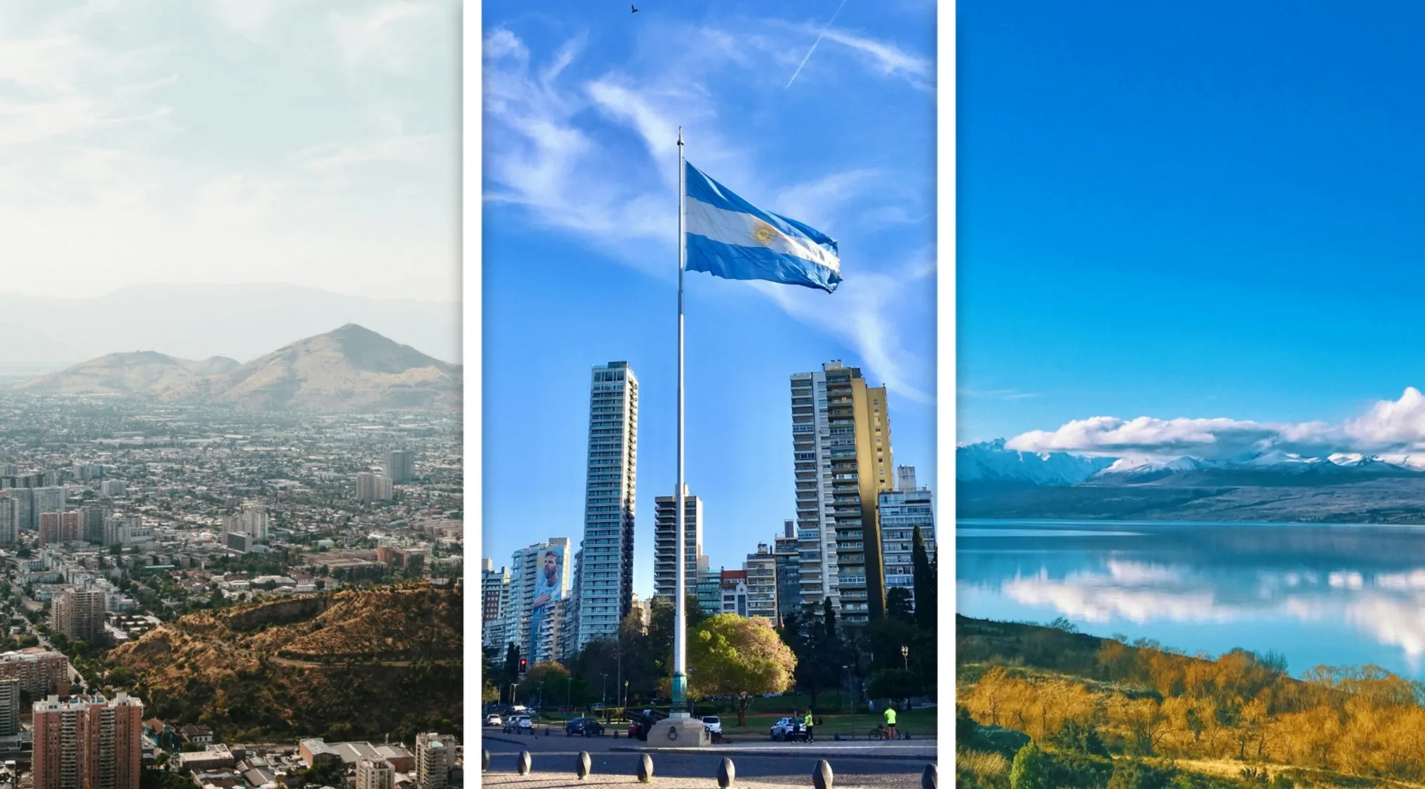 Panoramic cityscape in Chile, urban skyline with Argentina flag, and scenic lake view in New Zealand showcasing geography connection