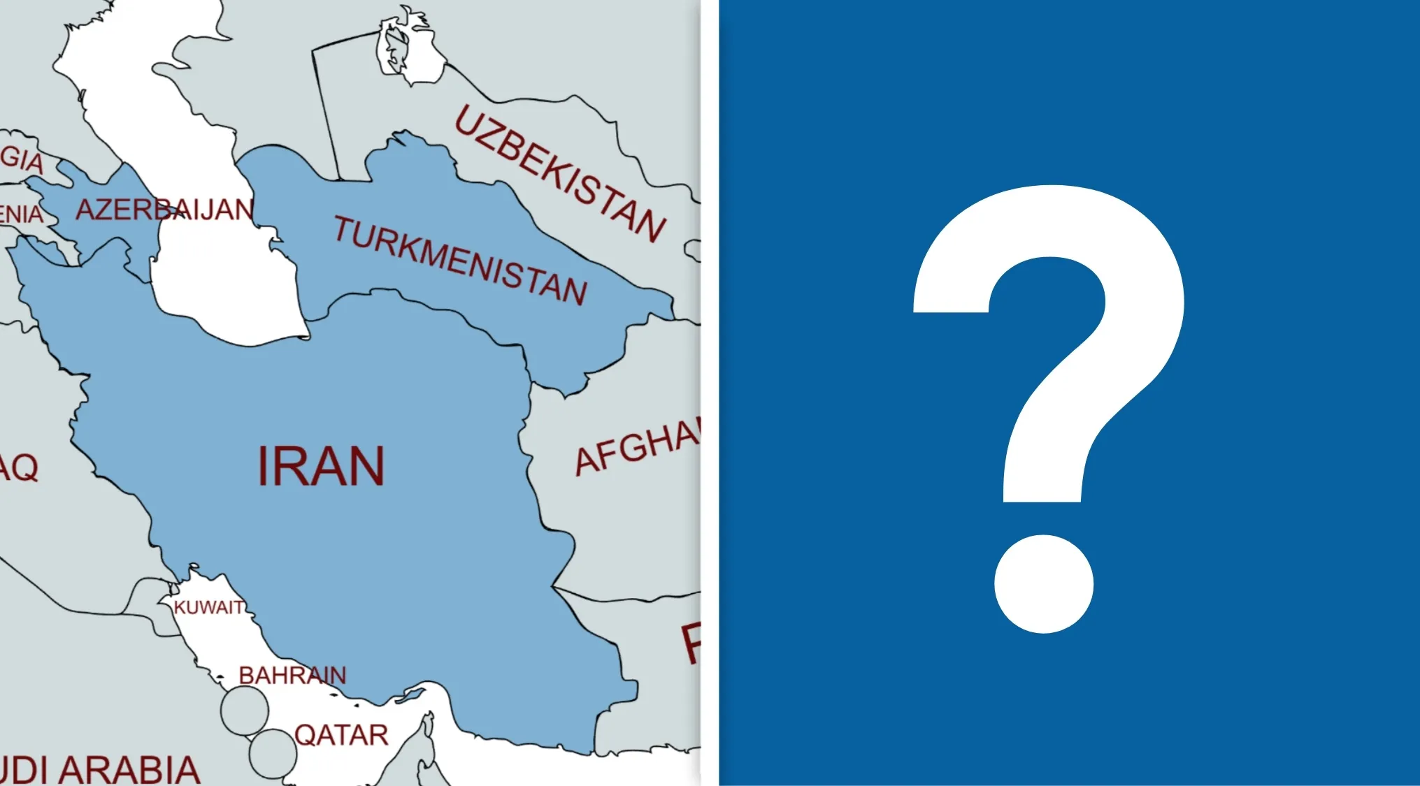 Map highlighting Azerbaijan, Turkmenistan, and Iran bordering a common body of water, part of a geography connection quiz.