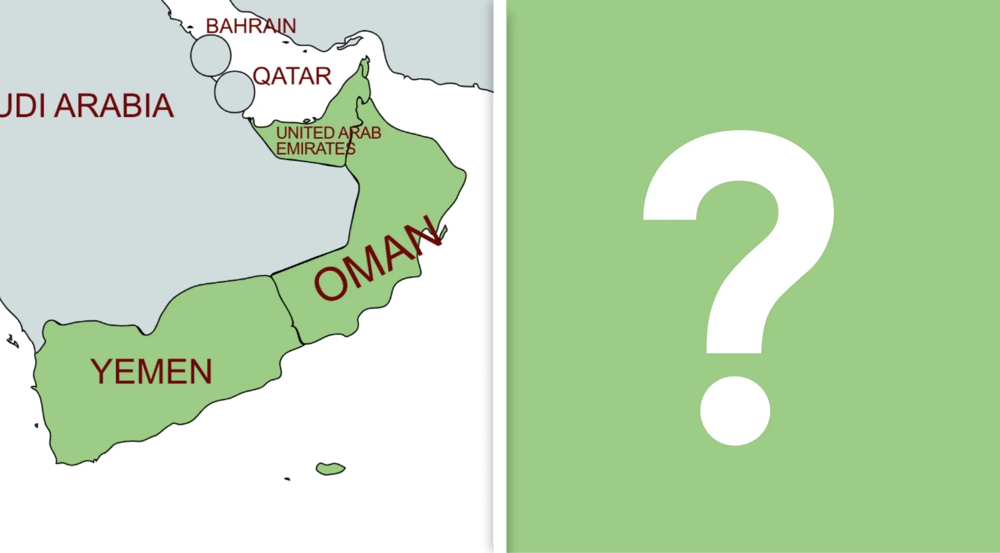 Map highlighting Oman, United Arab Emirates, and Yemen in green with a question mark, related to geography connections.