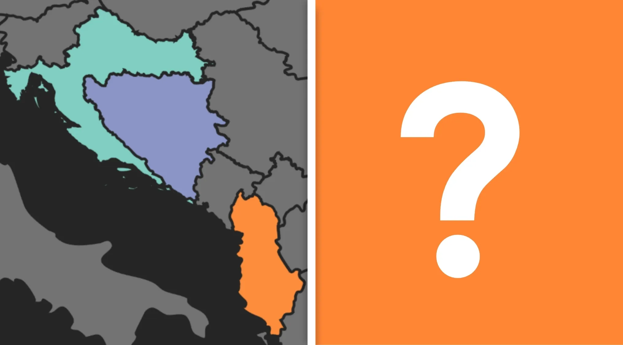 Map highlighting Albania, Bosnia and Herzegovina, and Croatia in different colors with a large question mark on an orange background.