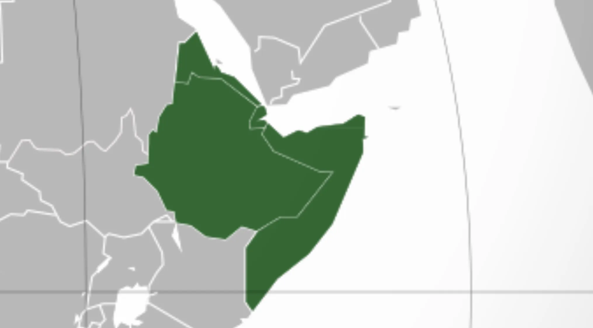 Map showing the four countries that make up the Horn of Africa highlighted in green on a regional map.