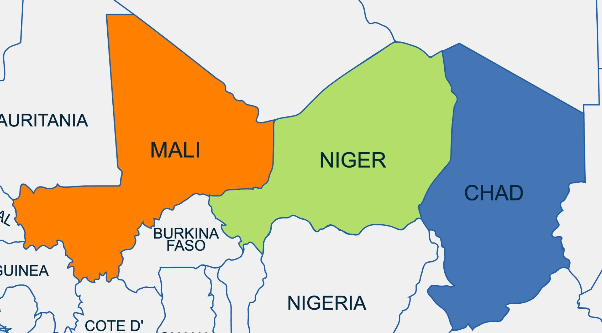 Map highlighting Mali, Niger, and Chad in West Africa, illustrating their geographical connection in the region.