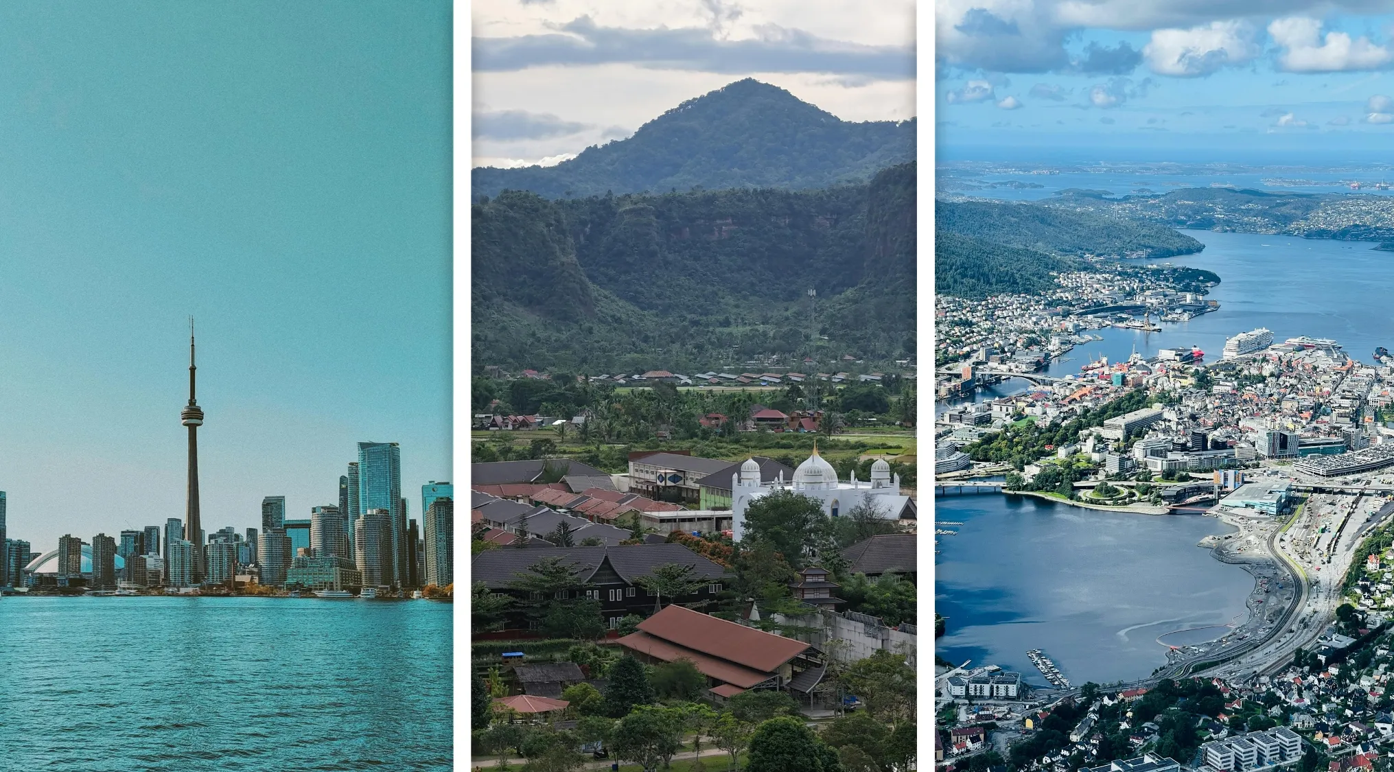 Skyline of Canada, Indonesia, and Norway showing distinct geographic features in this geography connection challenge.