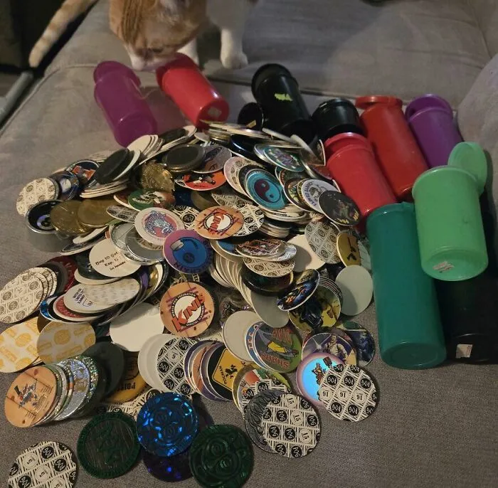 A large pile of Pogs and colorful plastic Pogs containers, a Goodwill find, with an orange cat in the background.