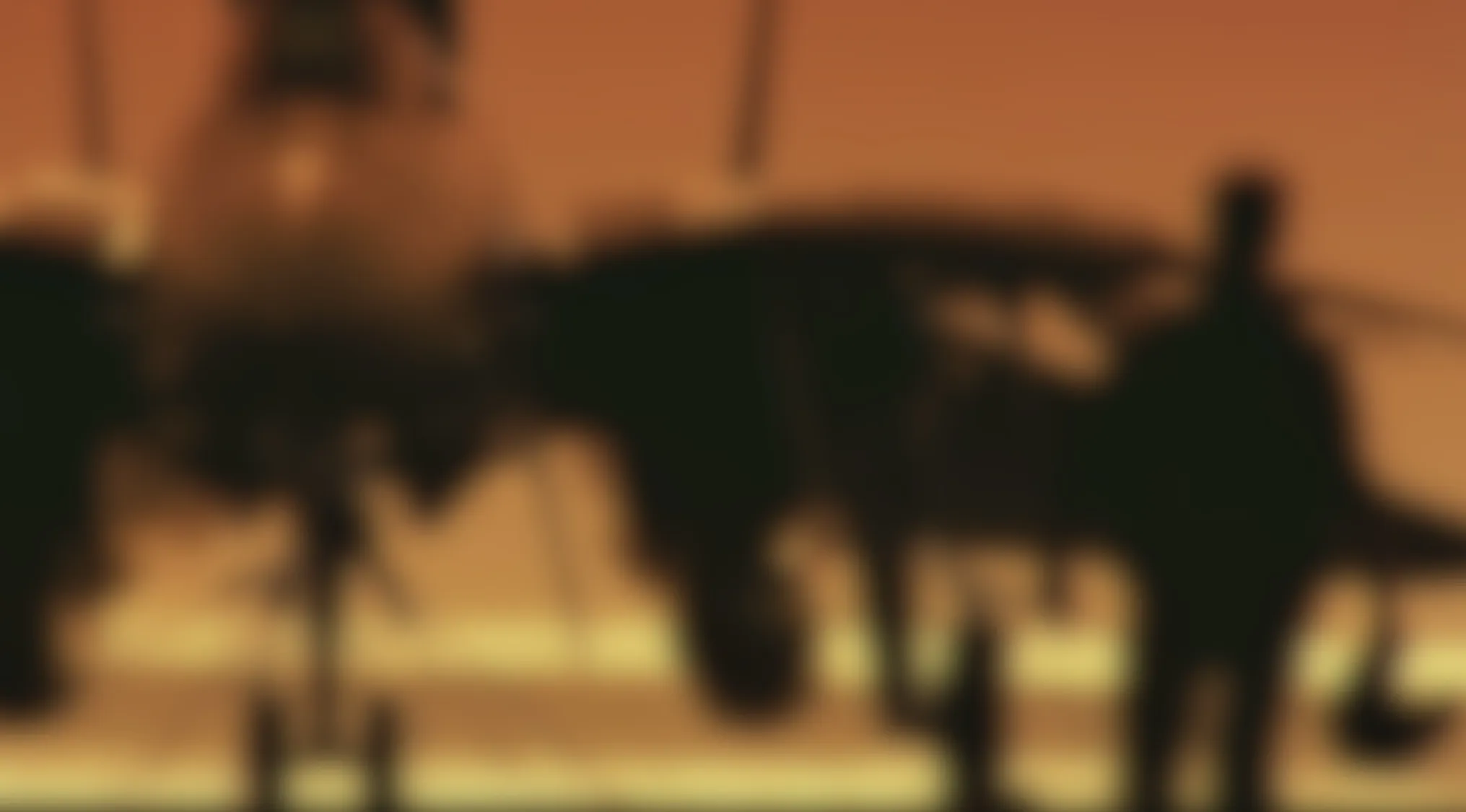 Blurry Movie Scene: Dark silhouettes of an aircraft and a person against a warm orange sunset sky.
