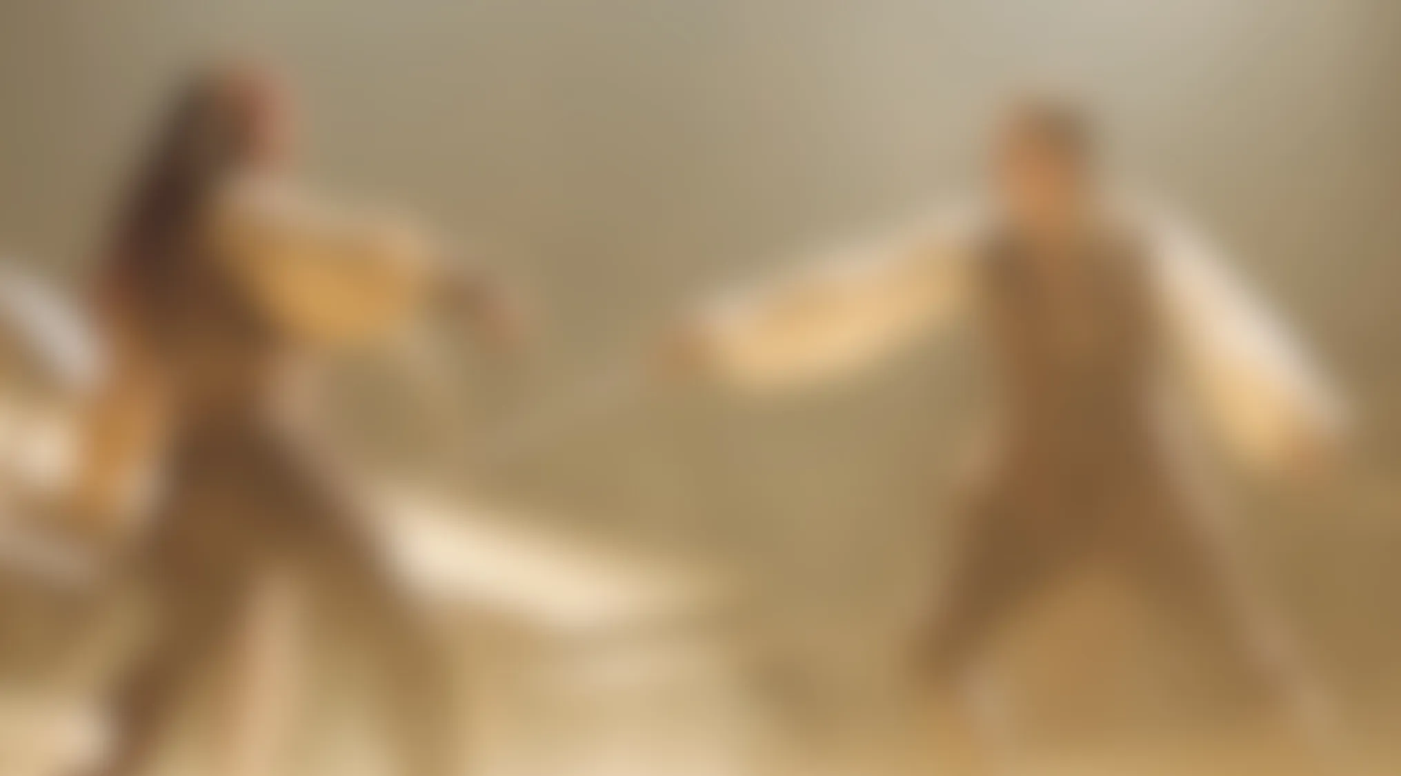 Blurry movie scenes of two pirate-like characters sword fighting in a warm, dusty setting.
