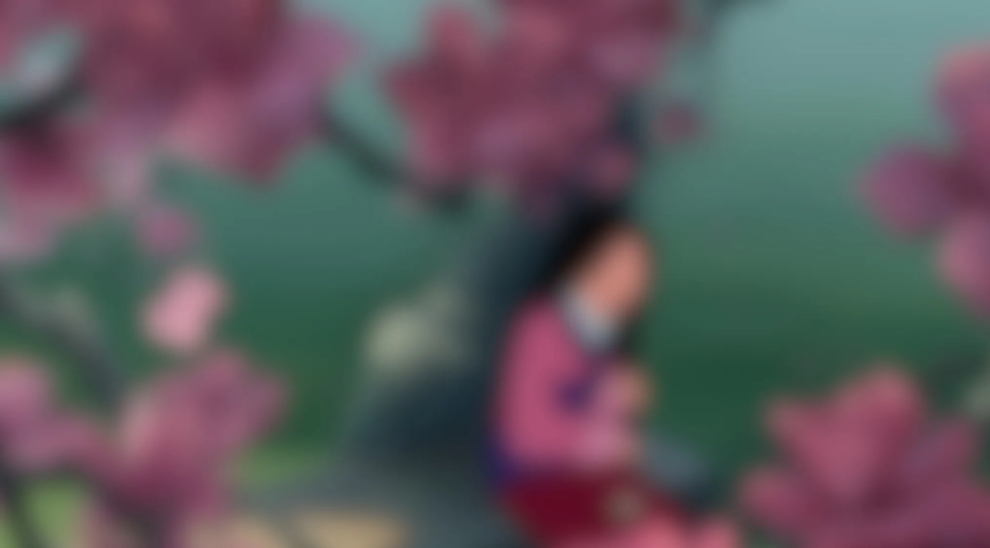 A blurry scene of a figure in pink, seated amidst abstract purple flowers with a soft green backdrop.