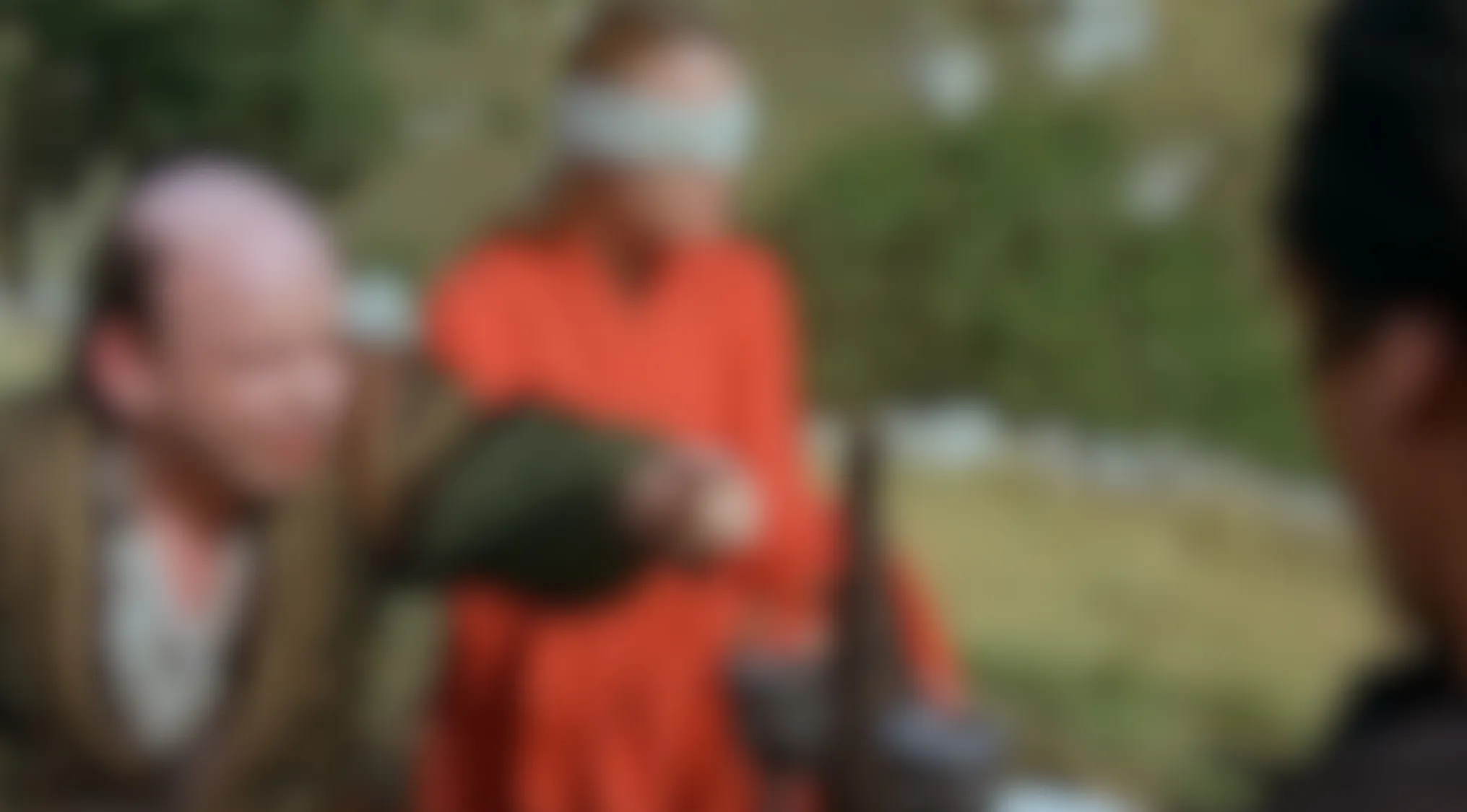 A blurry movie scene with a blindfolded person in an orange shirt and a bald man outdoors. Guess this film from Blurry Movie Scenes.