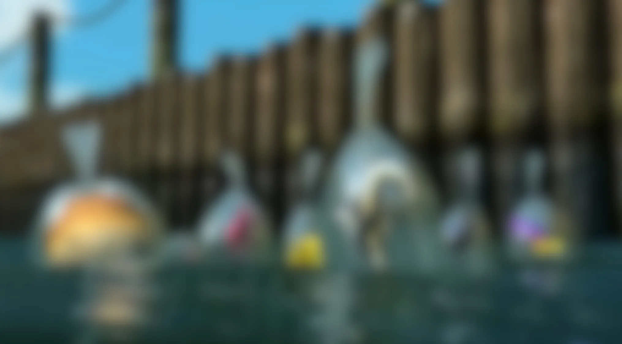 A blurry movie scene of several fish in plastic bags floating in dark water, with a wooden pier and blue sky in the background.