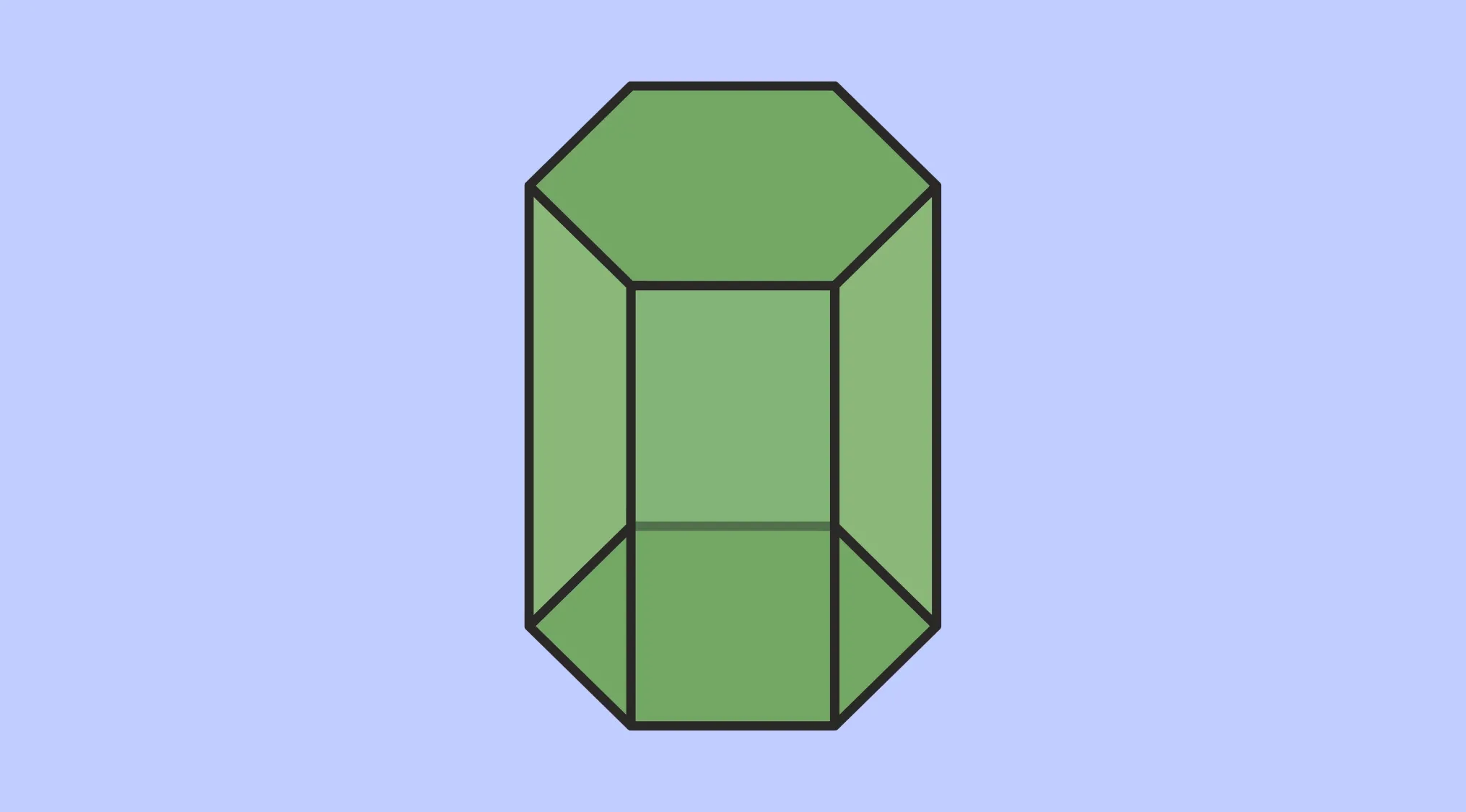 Green Hexagonal Prism geometric shape on a light blue background for a Math Test question.