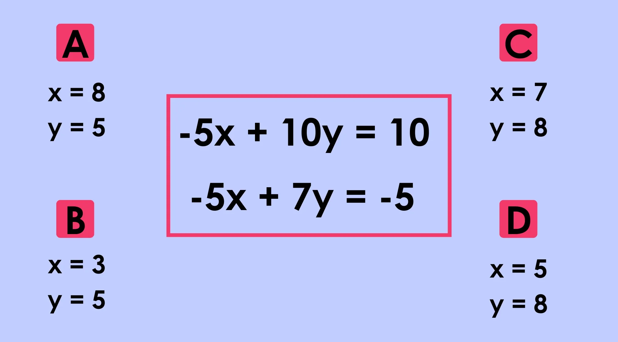 Math Test: Solve the system of equations {-5x+10y=10, -5x+7y=-5} with multiple choice x,y solutions.