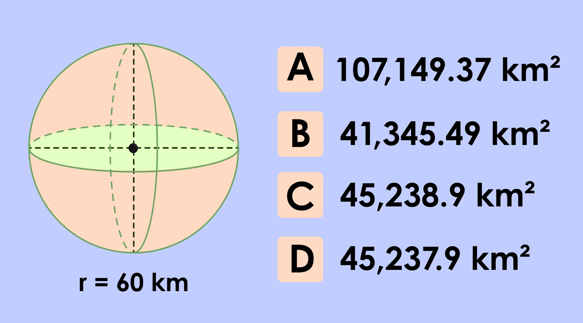 Math Test question: Find the surface area of the sphere with r=60 km, choosing from A, B, C, D options.