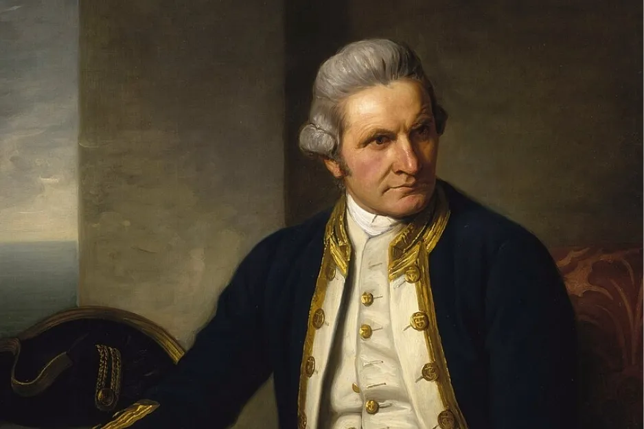Portrait painting of James Cook in naval uniform, known for his explorations of the Pacific Ocean.