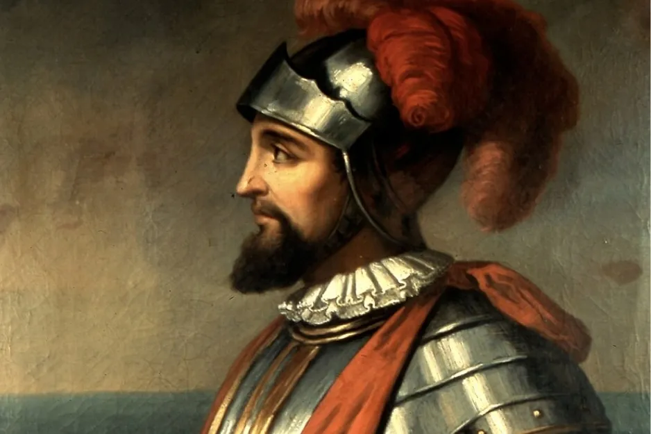 Painting of Vasco Núñez de Balboa, the explorer who discovered the Pacific Ocean, in armor with a plumed helmet.