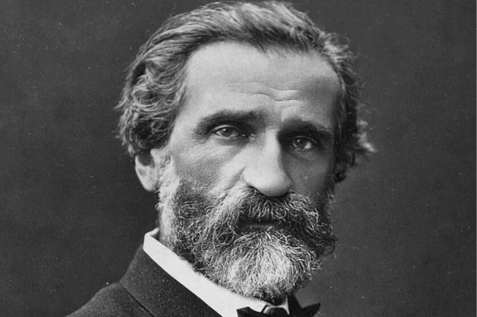 Giuseppe Verdi, composer of Il Trovatore, a black and white portrait of the bearded Italian opera master.