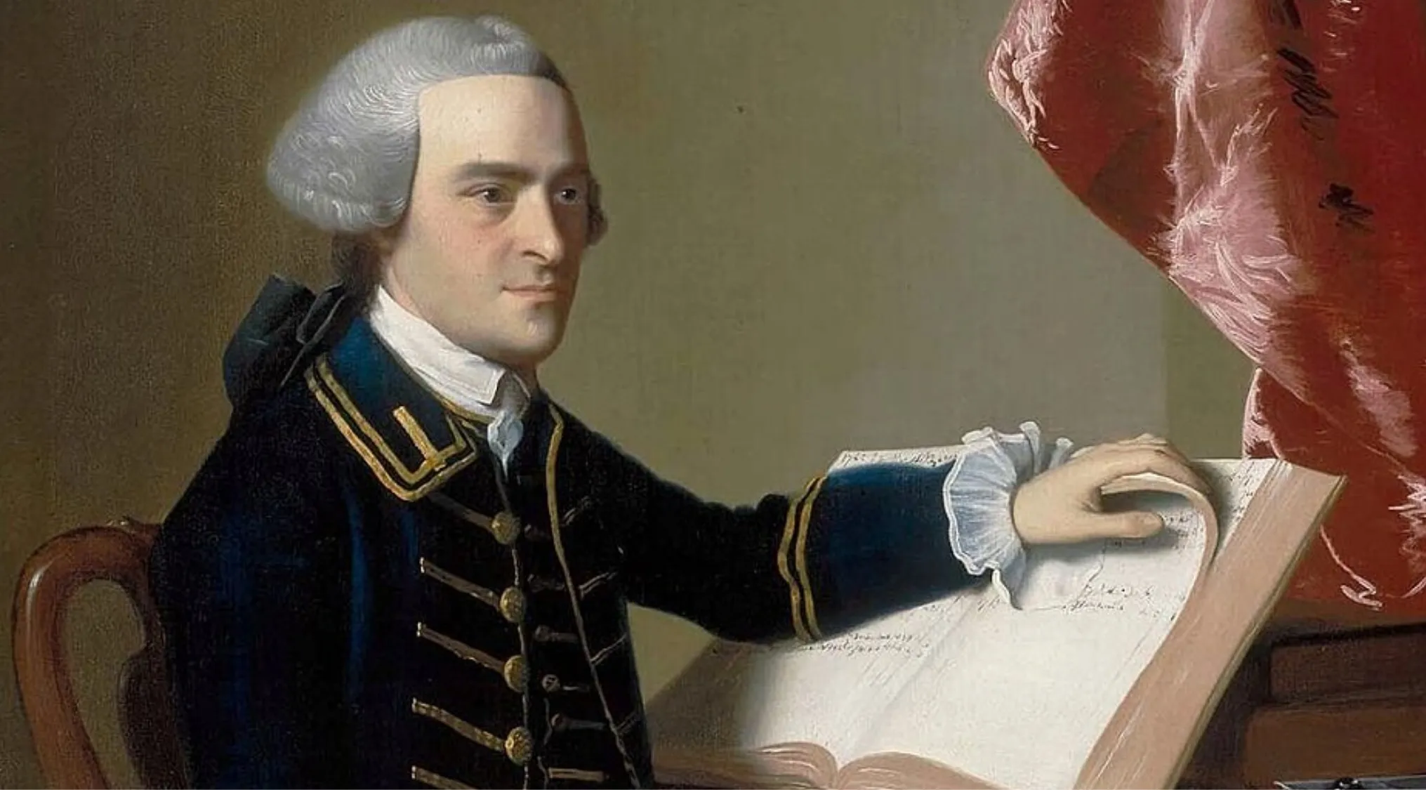 Portrait of John Hancock in a powdered wig and blue coat, with his hand resting on an open ledger.