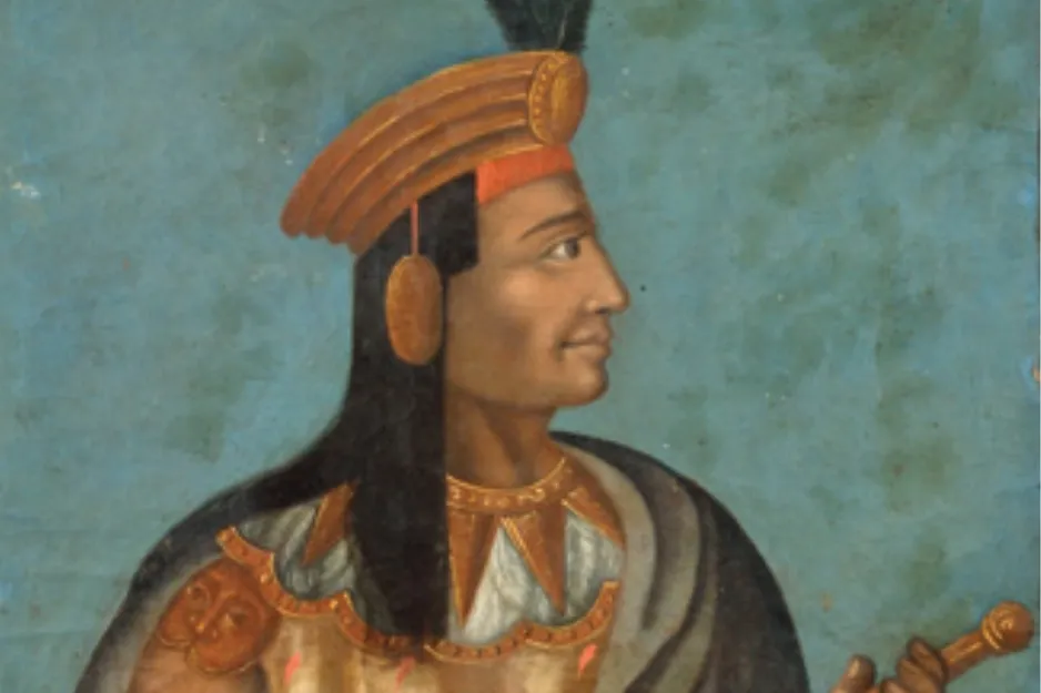 Painting of Atahualpa, the Inca Emperor, in profile, wearing a golden headdress and ornate garments.