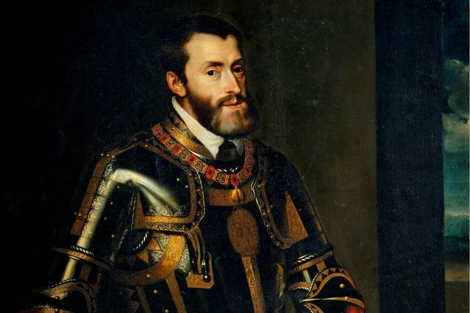 Portrait of Emperor Charles V in ornate armor. He reigned during the conquests by Cortés and Pizarro.