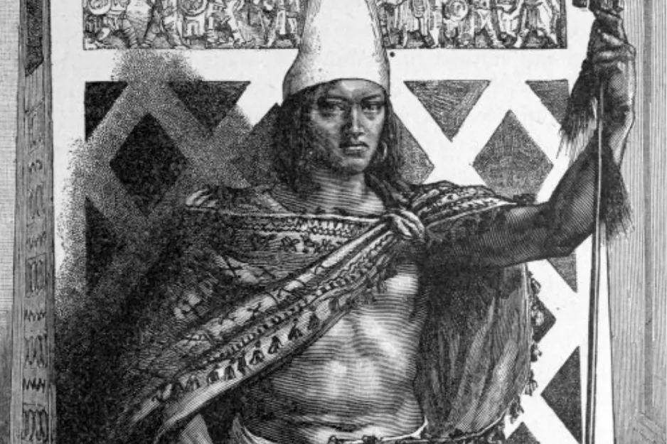 Black and white engraving of Moctezuma II, Emperor of Mexico, standing regally. Connects to Cortés' landing.