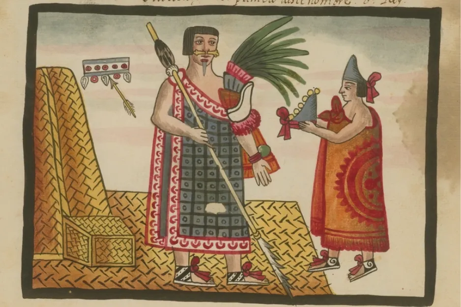 Colorful ancient art showing Emperor of Mexico Moctezuma I with spear and feathered headdress, receiving an offering.
