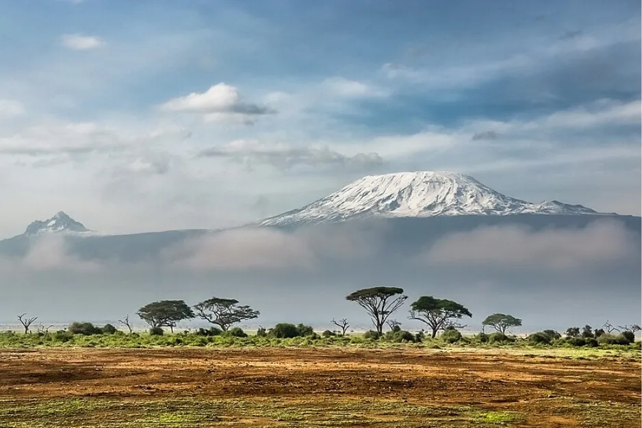 Mount Kilimanjaro, the highest mountain in the world, shrouded in clouds over an African savanna with trees.