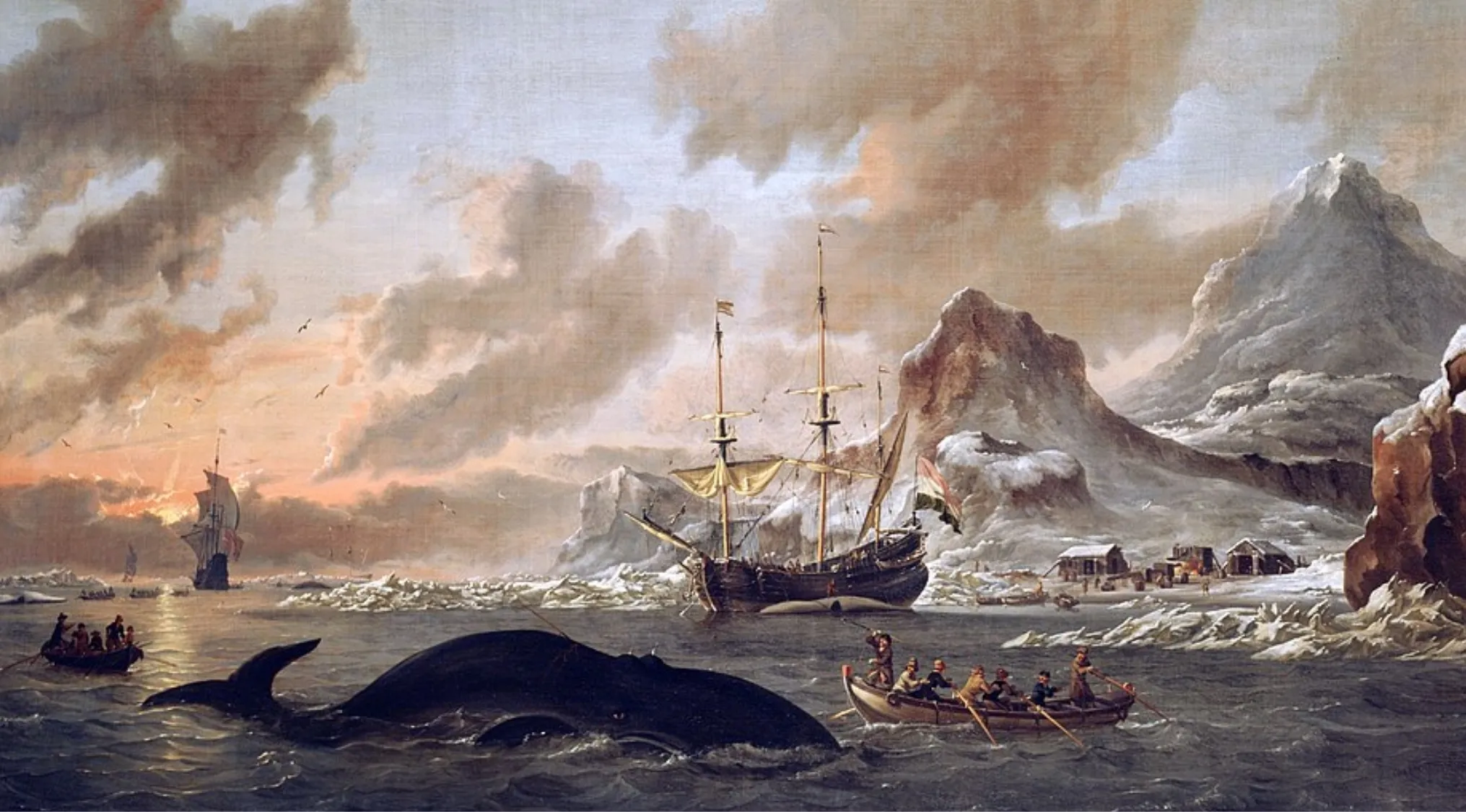 Historical painting of whale hunting in Spitsbergen with ships, small boats, crew, icy waters, and snow-capped mountains.
