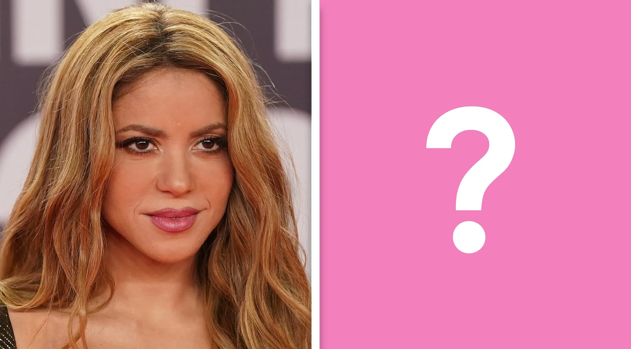 Portrait of Shakira on left, white question mark on pink background on right. Guess The Country from this famous person.